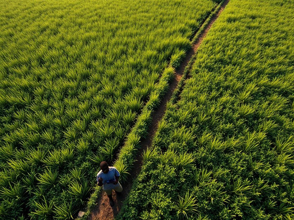 Farmer recording field data on a tablet in a green crop field