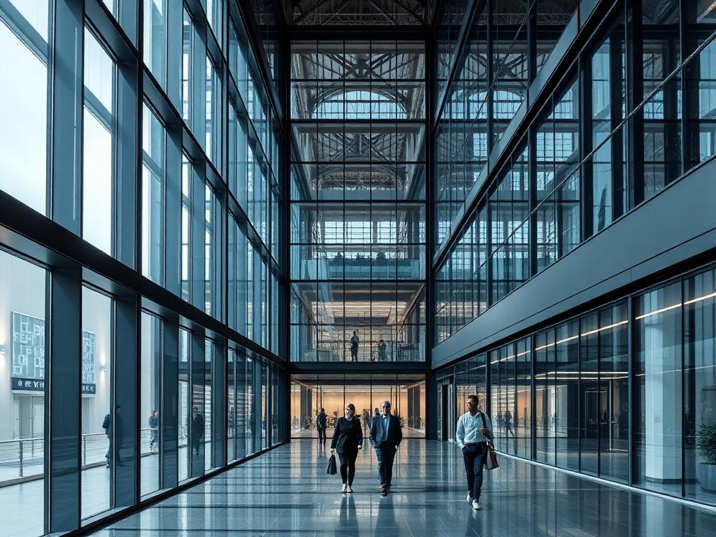 Employees walking through a modern corporate office atrium