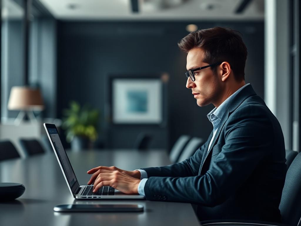 Finance professional reviewing transaction data on a laptop