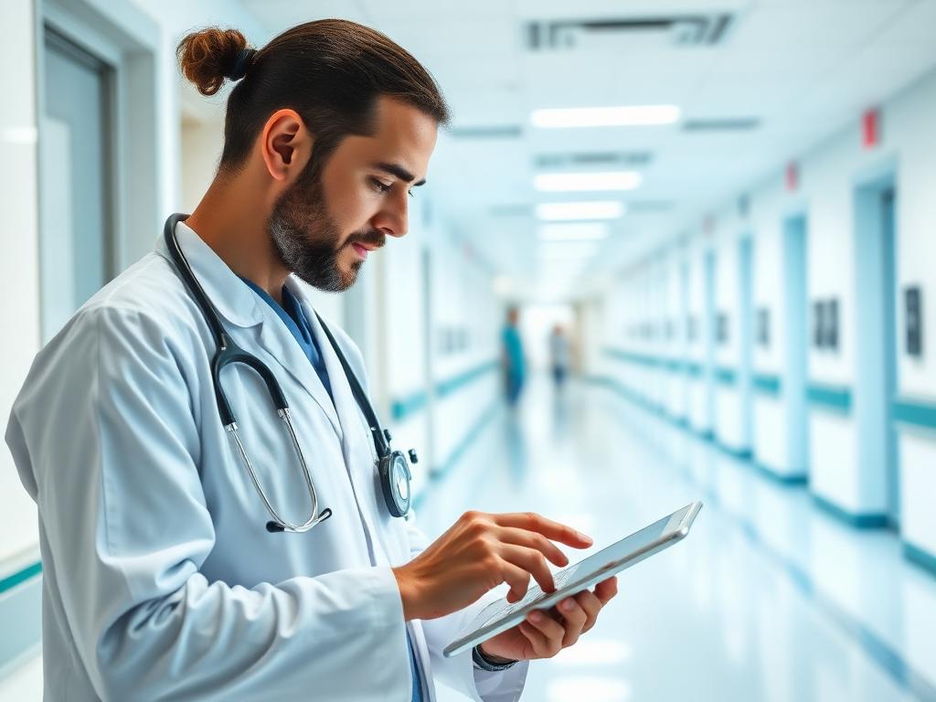 Clinician using a digital tablet in a hospital corridor