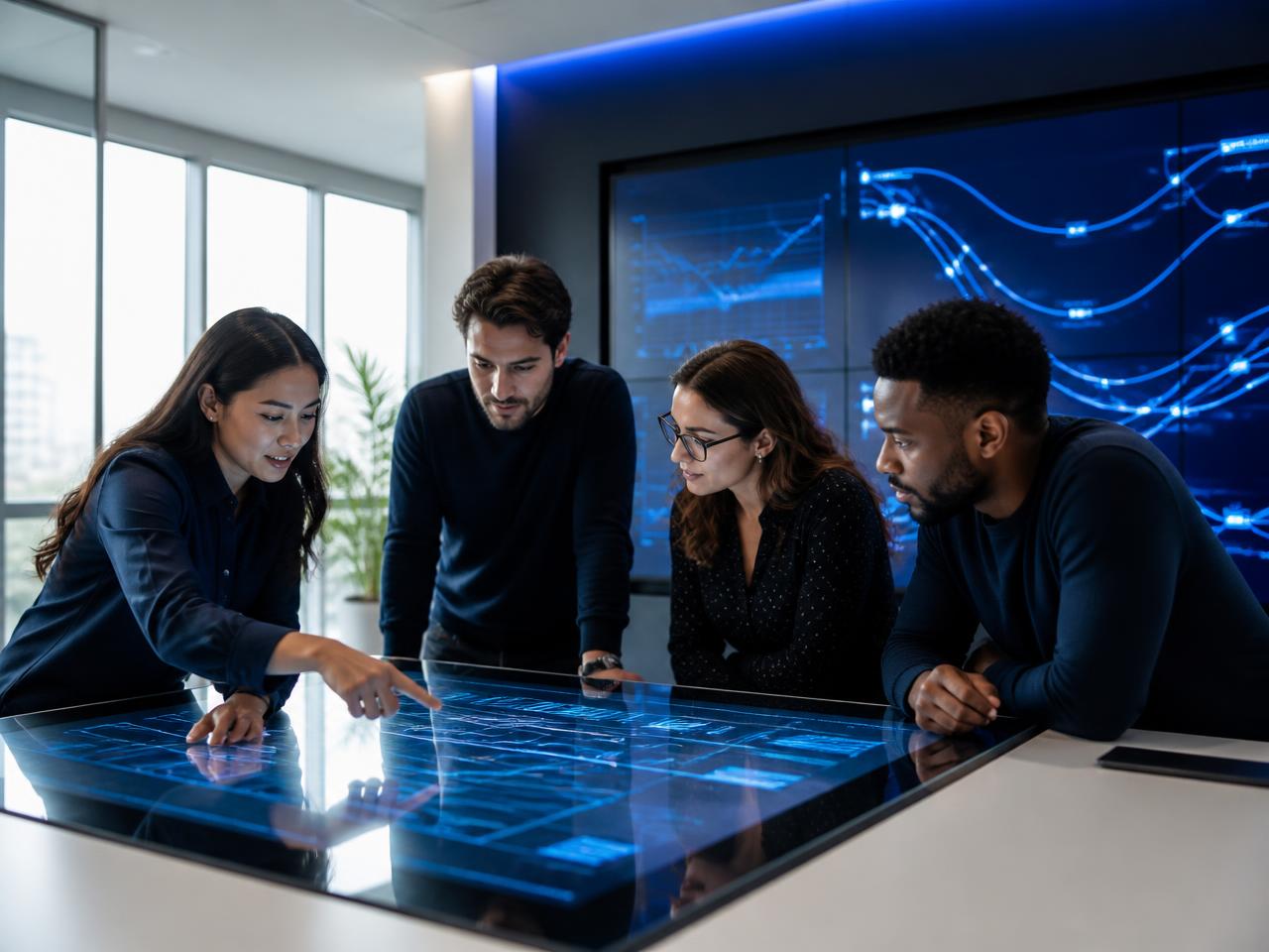 Operations team monitoring connected business systems on large dashboards